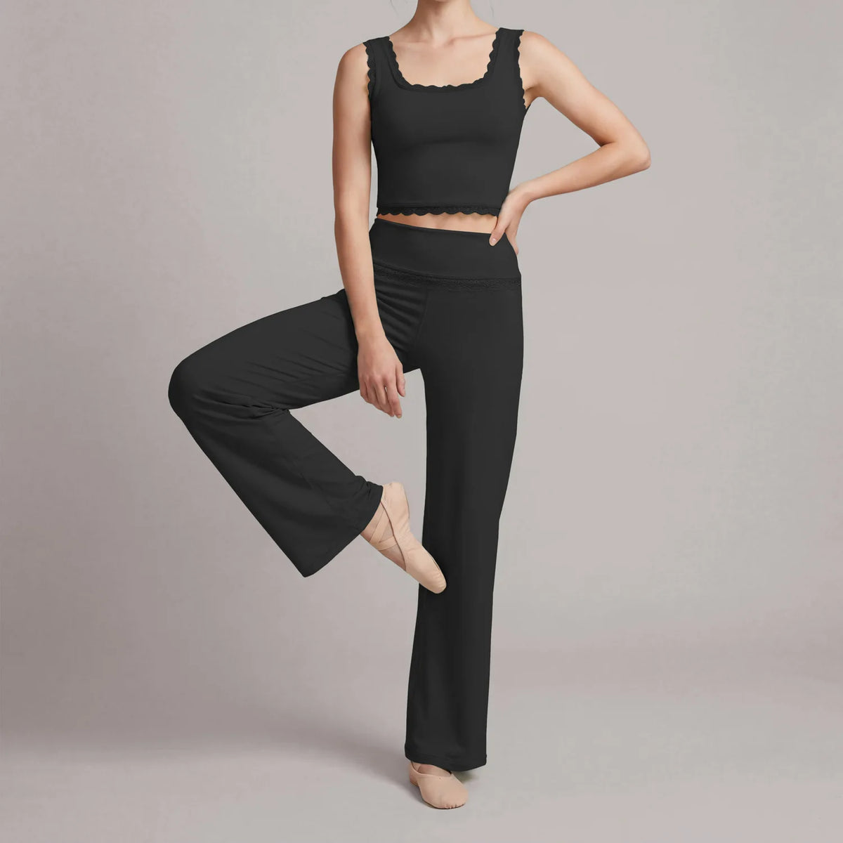 SVETLIN EU US Size High Quality Sports Yoga Wear Set Outfit Lace-Trim Sports Gym Wide-Leg Pants Two-Piece Set For Dance Training