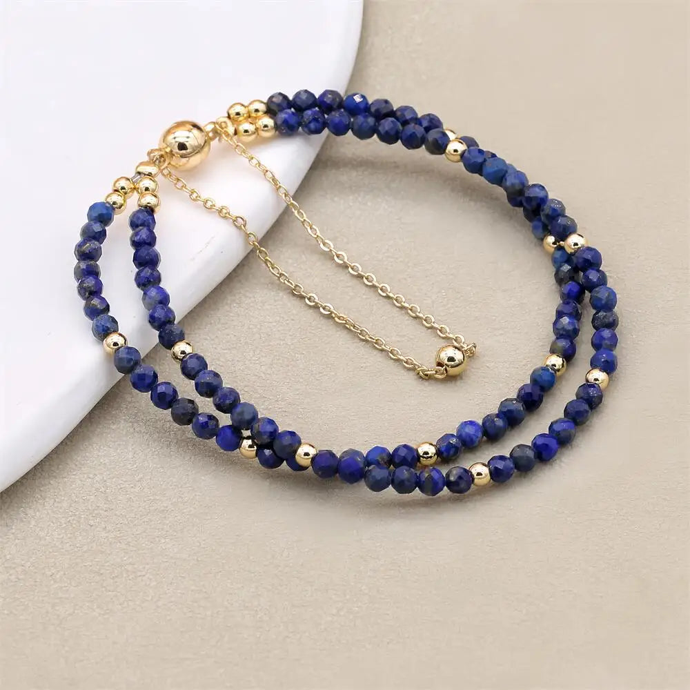 3MM Double Layer Natural Lapis Lazuli Beads Magnetic Buckle Gold Plated Charm Strand Bracelets Handmade Women Jewelry