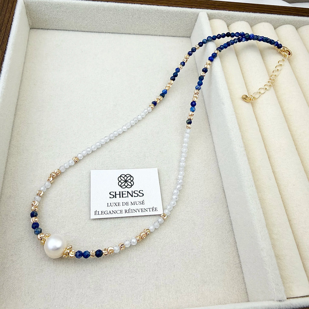 Lapis Lazuli & Zircon Pearl Jewelry Set Luxury Blue-White Contrast Necklace Bracelet Earrings Elegant Versatile Gift for Her