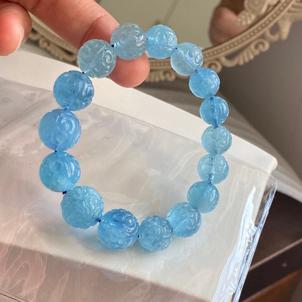 Natural Blue Aquamarine Beads Bracelet 13mm Carved Women Men Stretch Brazil Aquamarine Bracelet Jewelry AAAAAA