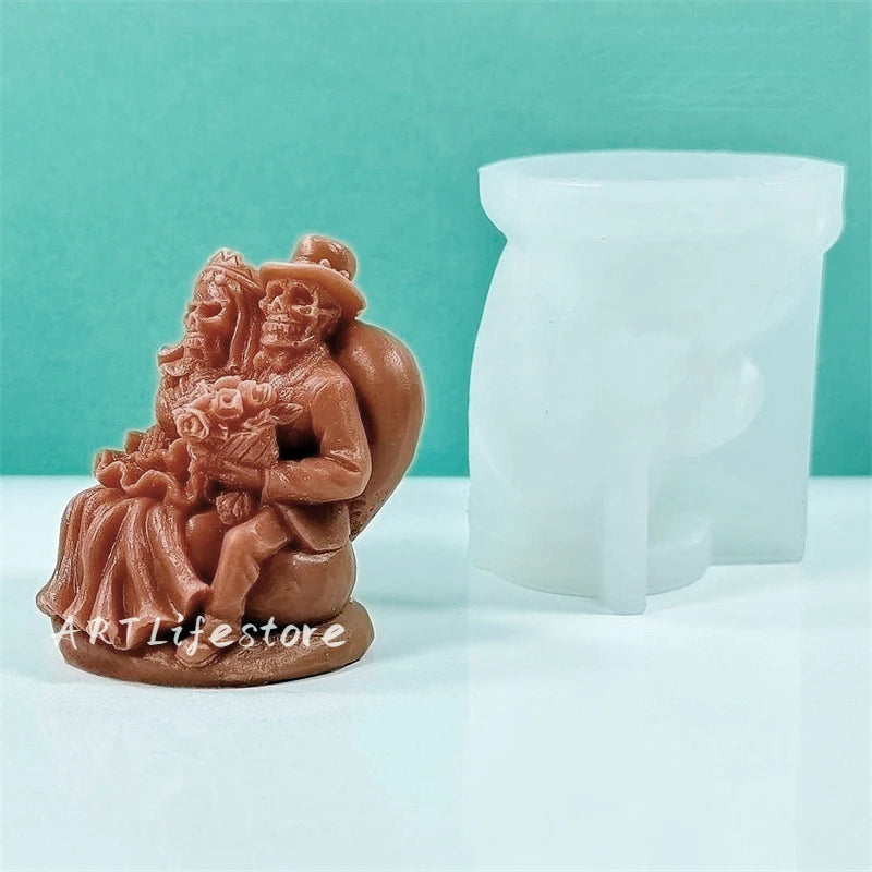 New Skull Couple Silicone Candle Mold DIY Bride and Groom Sculpture Crafts Plaster Resin Casting Tool Halloween Decoration Gift