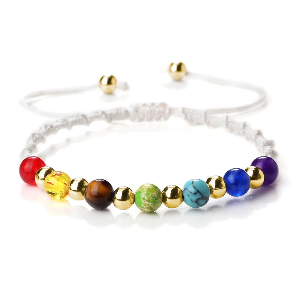 Reiki 7 Chakra Bracelet Natural Stone Rope Braided Yoga Healing Gold Color Copper Beads Bracelets & Bangles Meditation Jewelry