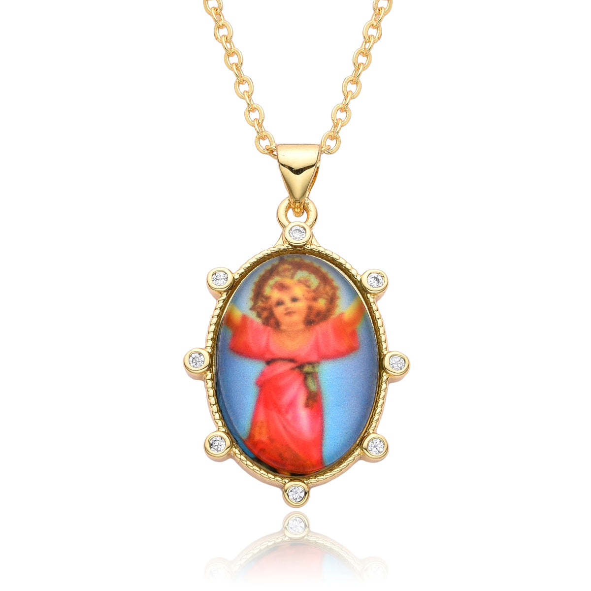 Gold Plated Enamel Virgin Mary Pendant Sacred Heart of Jesus Zirconia Edges Medal Necklace Divine Child Charms Catholic Jewelry