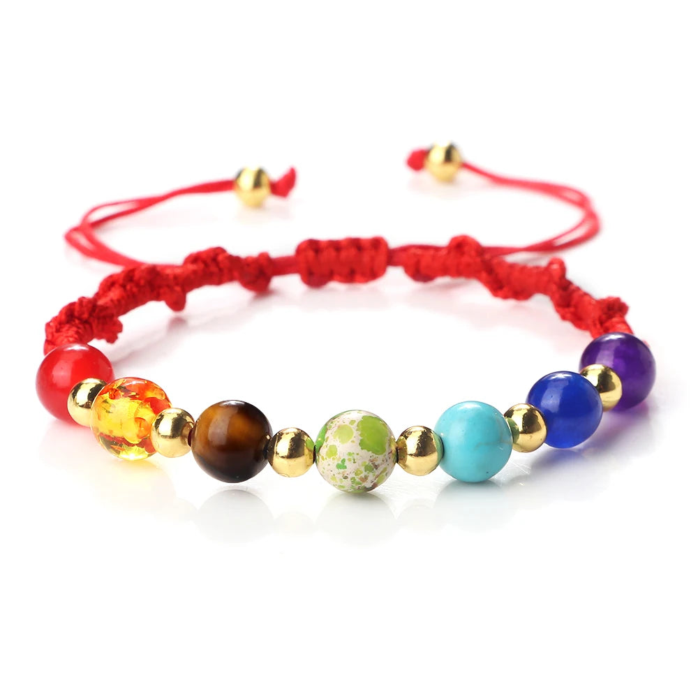 Reiki 7 Chakra Bracelet Natural Stone Rope Braided Yoga Healing Gold Color Copper Beads Bracelets & Bangles Meditation Jewelry