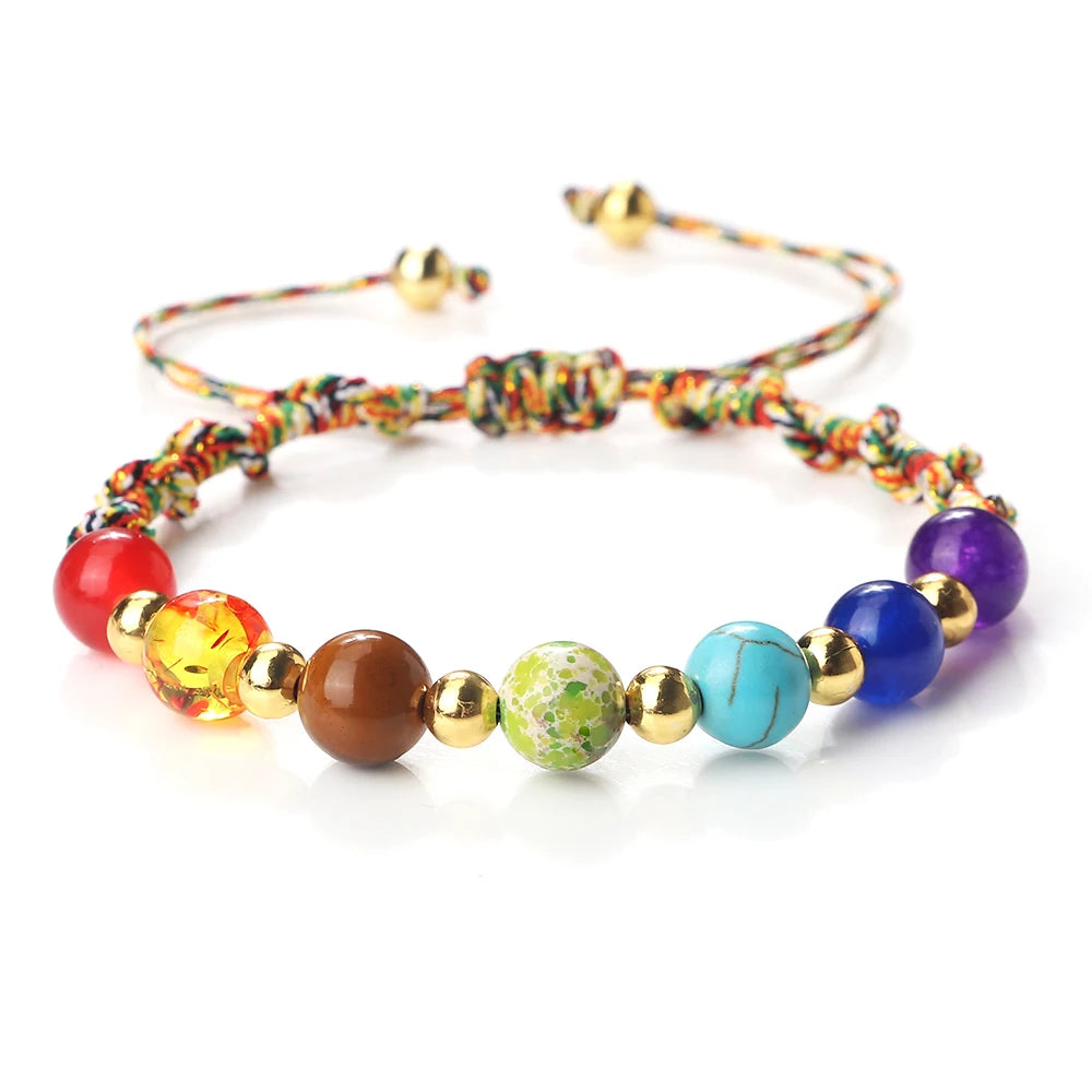 Reiki 7 Chakra Bracelet Natural Stone Rope Braided Yoga Healing Gold Color Copper Beads Bracelets & Bangles Meditation Jewelry