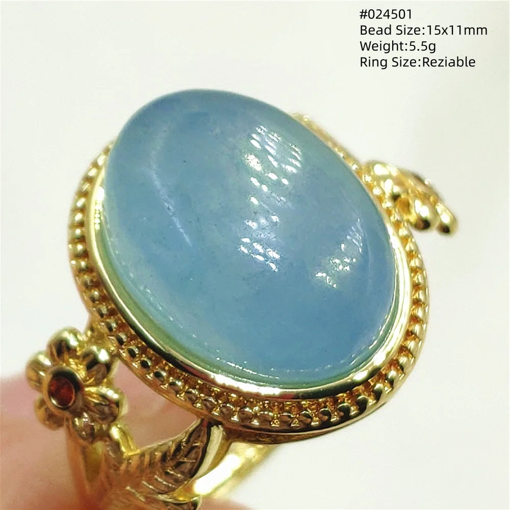 Natural Blue Aquamarine Beads Ring Adjustable Brazil Ring Oval 925 Sterling Silver Aquamarine Jewelry Women AAAAA