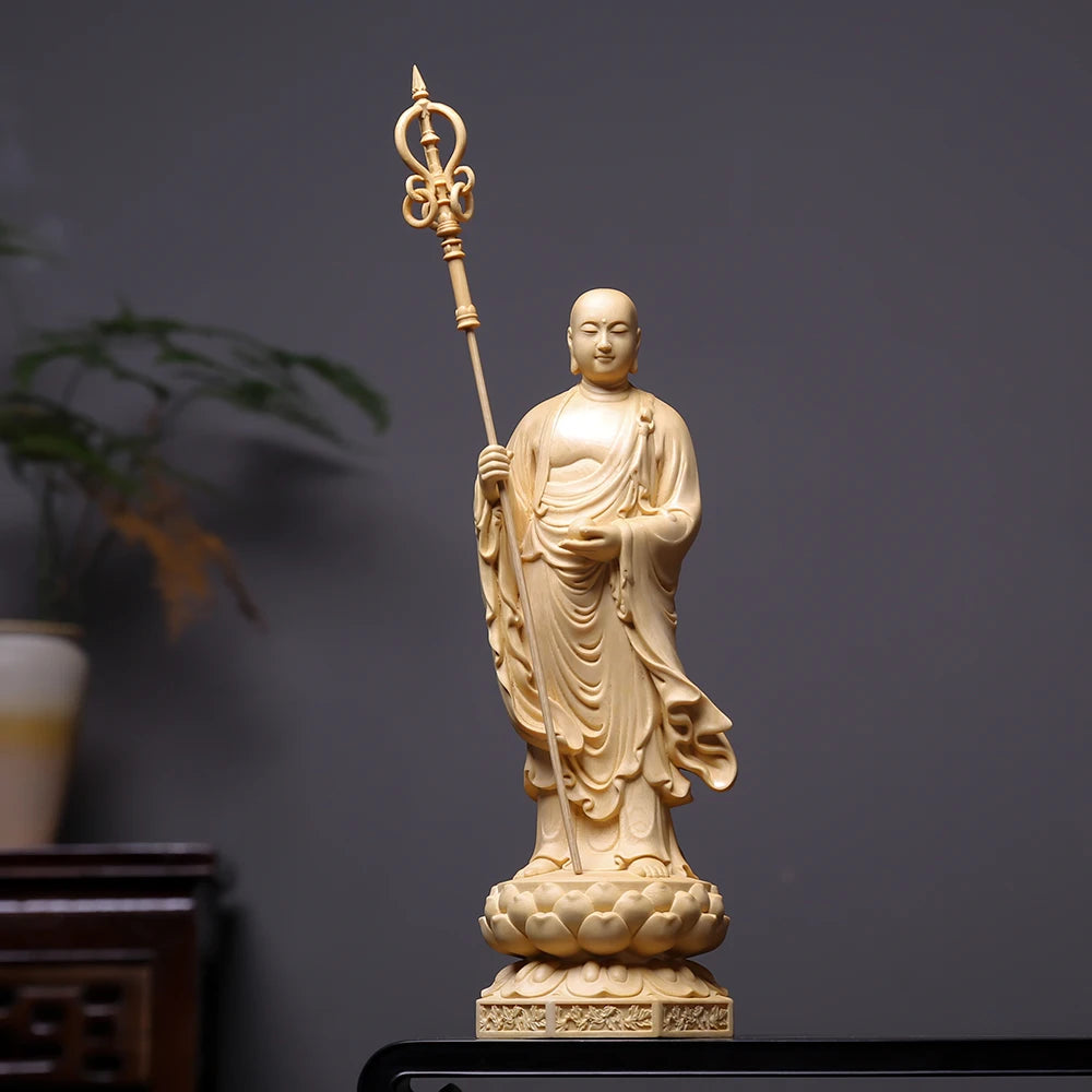 Finely Wooden Hand Carved Kṣitigarbha Dizang Bodhisattva Statue Figurine with Staff - Spiritual Protection Sacred Home Temple