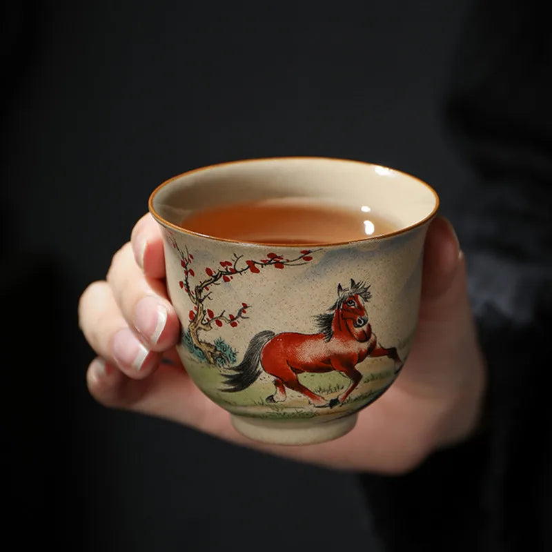 1 Pc Chinese Zodiac Ceramic Tea Cup Handmade Vintage Pottery Tea Bowl Teaware Master Teacup Personal Meditation Cup 110ml