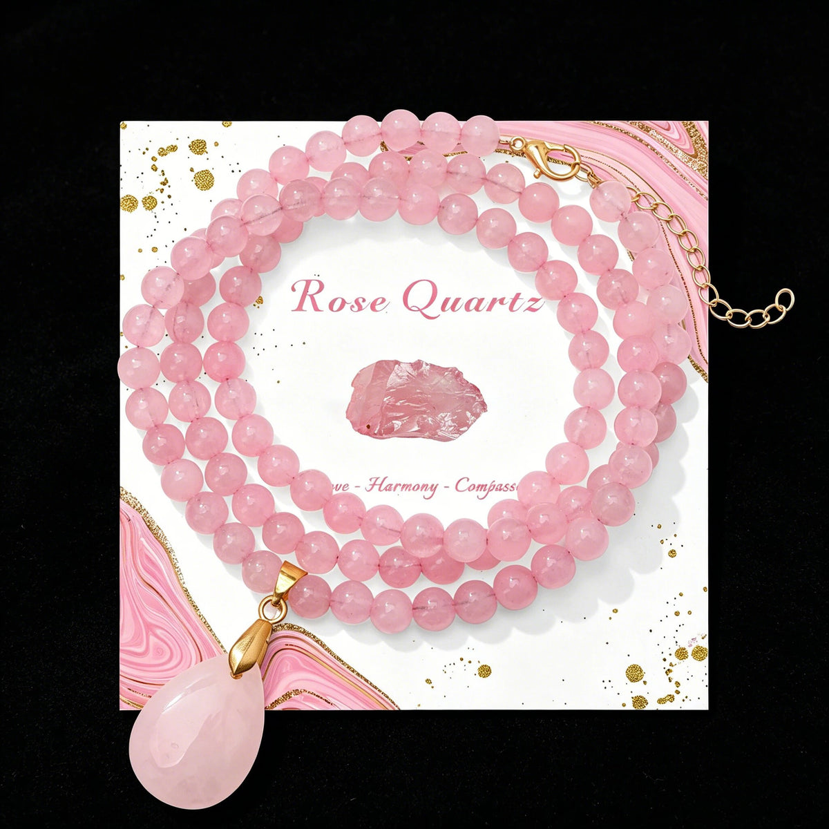 Fashion Boho Rose Quartz Necklace 6mm Round Beads Waterdrop Pendant Necklace for Women Collar Healing Crystal Jewelry