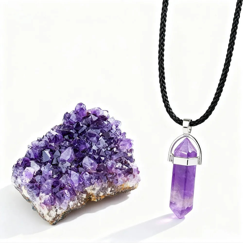 2pcs Amethyst Set: Amethyst Clusters + Necklace Exquisite Cave Clusters Suitable for Living Room/Bedroom Decoration