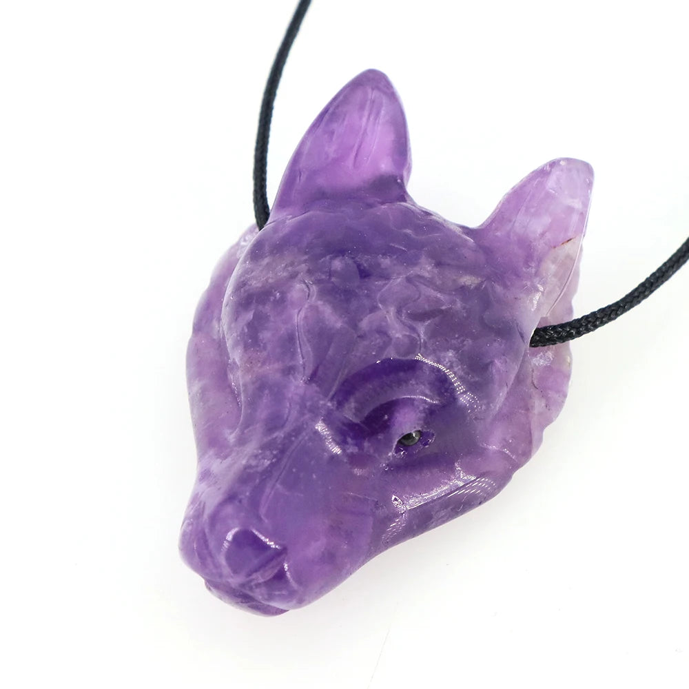 40mm Wolf Head Stone Pendant Natural Healing Crystals Statue Hand Carving Gemstone Wolves Animal Figure Jewelry Making Necklace