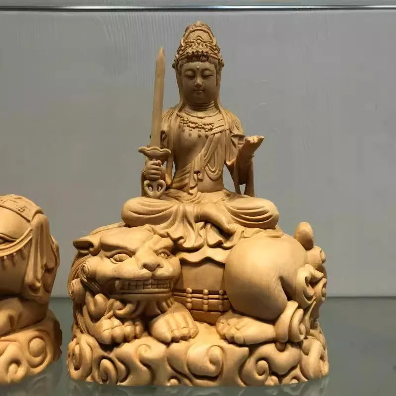 Hand Carved Hinoki Wood Manjushri on Lion Samantabhadra on Elephant Bodhisattva Statues Pair (Set of 2) - Spiritual Ornament