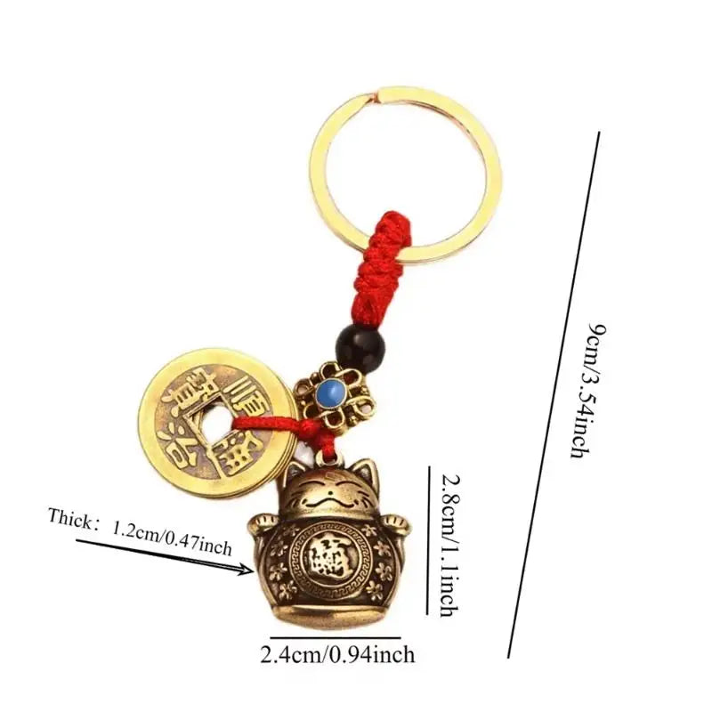 YILUO CD Vintage Lucky Cat Car Keychain Five Emperors Money Calabash Feng Shui Coins Red String Key Ring