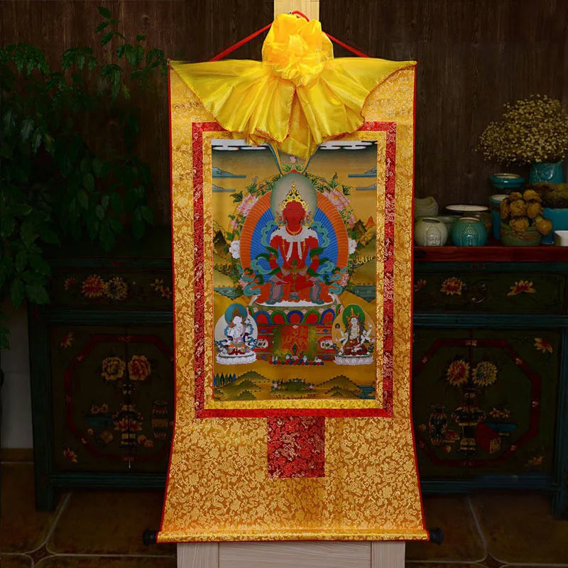 35*20cm Tibetan Thangka Wall Art Padmasambhava Green Tara Buddha Painting Hanging Decor Religious Scroll Picture Home Decoration