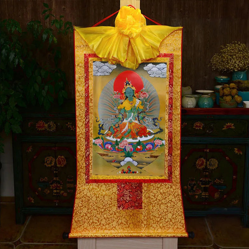 35*20cm Tibetan Thangka Wall Art Padmasambhava Green Tara Buddha Painting Hanging Decor Religious Scroll Picture Home Decoration