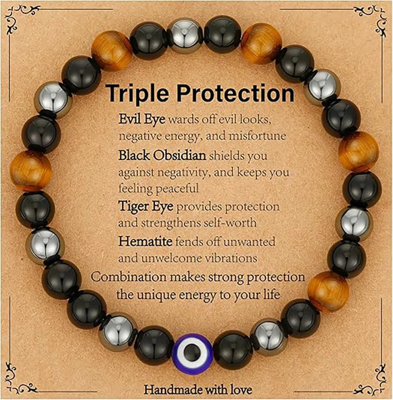 Bracelet for Men Him Dad Son Triple Protection Hematite Black Obsidian Tiger Eye Beaded Bracelets Birthday Healing Jewelry Gifts