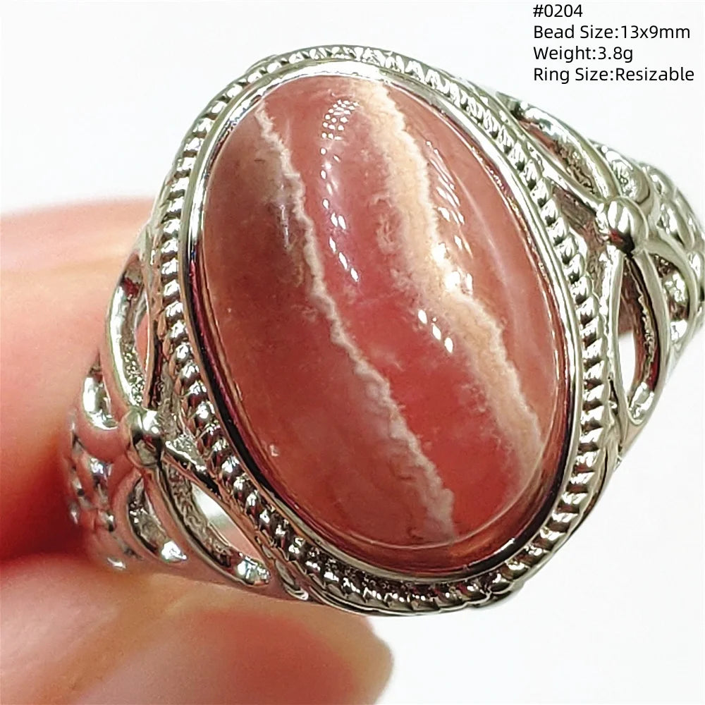 Natural Red Rhodochrosite Adjustable Ring Jewelry Rose Rhodochrosite 925 Sterling Silver Women Oval Bead AAAAA