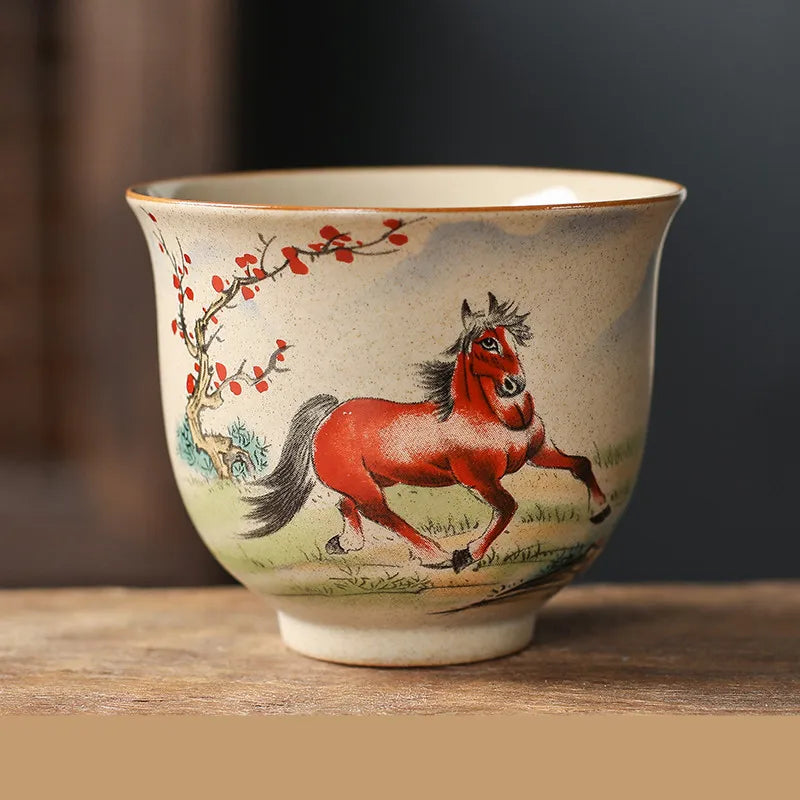 1 Pc Chinese Zodiac Ceramic Tea Cup Handmade Vintage Pottery Tea Bowl Teaware Master Teacup Personal Meditation Cup 110ml