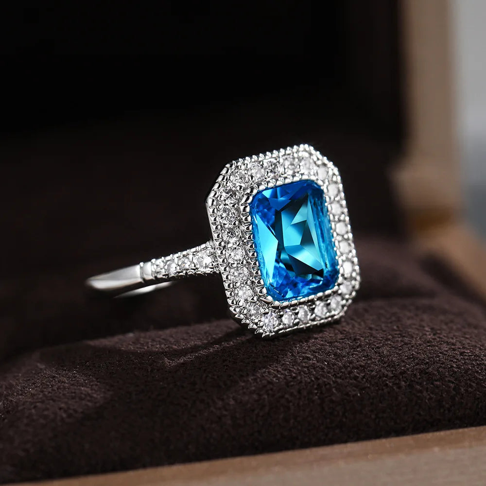 Fashion 925 sterling silver Aquamarine Stone Rings For Women Square cut Blue Zircon Wedding Engagement Ring Jewelry gift
