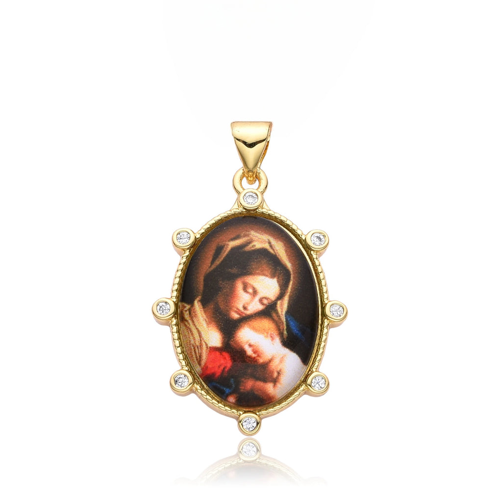 Gold Plated Enamel Virgin Mary Pendant Sacred Heart of Jesus Zirconia Edges Medal Necklace Divine Child Charms Catholic Jewelry