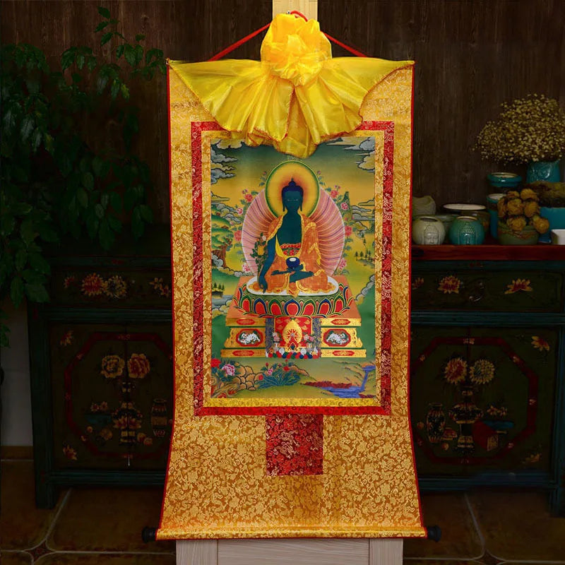 35*20cm Tibetan Thangka Wall Art Padmasambhava Green Tara Buddha Painting Hanging Decor Religious Scroll Picture Home Decoration