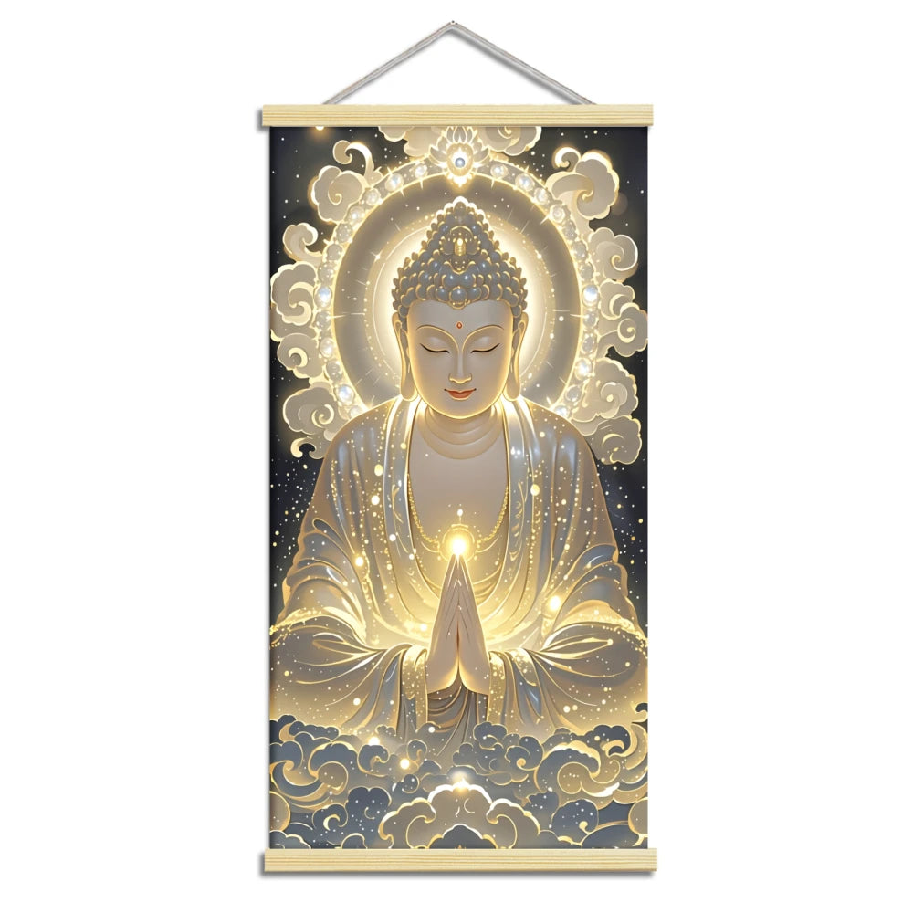 2D Flat 1pcs Canvas Scroll Poster Buddha Wall Art Buddha Face & Hands with Halo & Robe Glowing Lotus Design Religion Spiritual