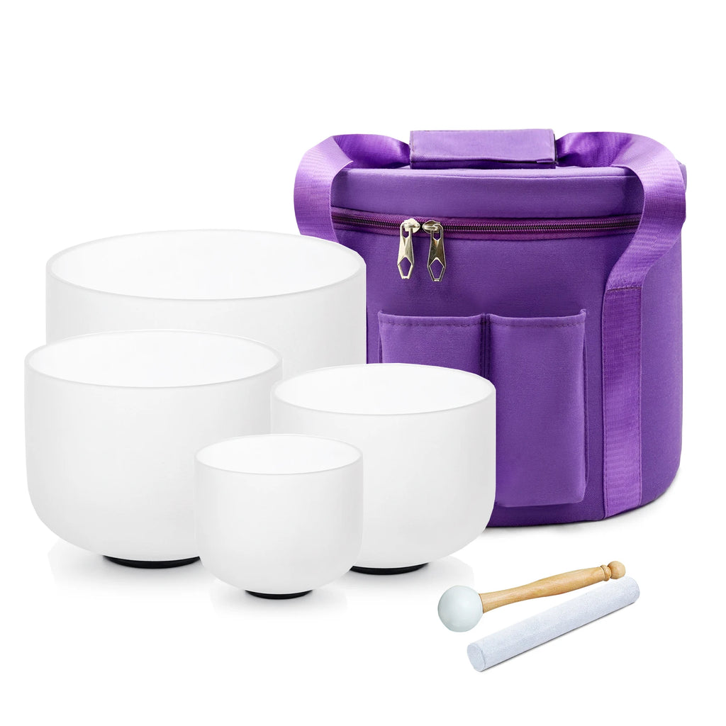 Hye-eun 6"A 8"G 10"E 12"D 4pcs Frosted Quartz Crystal Singing Bowl Chakra Set 440hz/432hz with Free  Purple bag