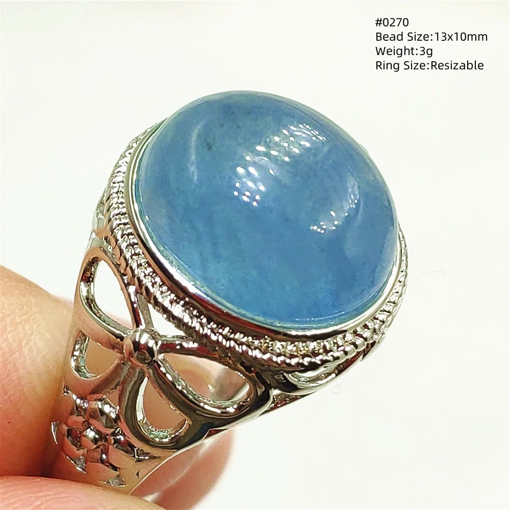 Natural Blue Aquamarine Beads Ring Adjustable Brazil Ring Oval 925 Sterling Silver Aquamarine Jewelry Women AAAAA