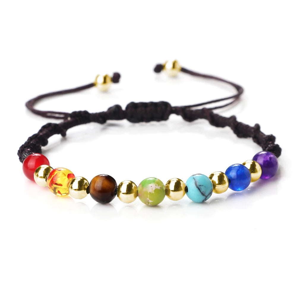 Reiki 7 Chakra Bracelet Natural Stone Rope Braided Yoga Healing Gold Color Copper Beads Bracelets & Bangles Meditation Jewelry