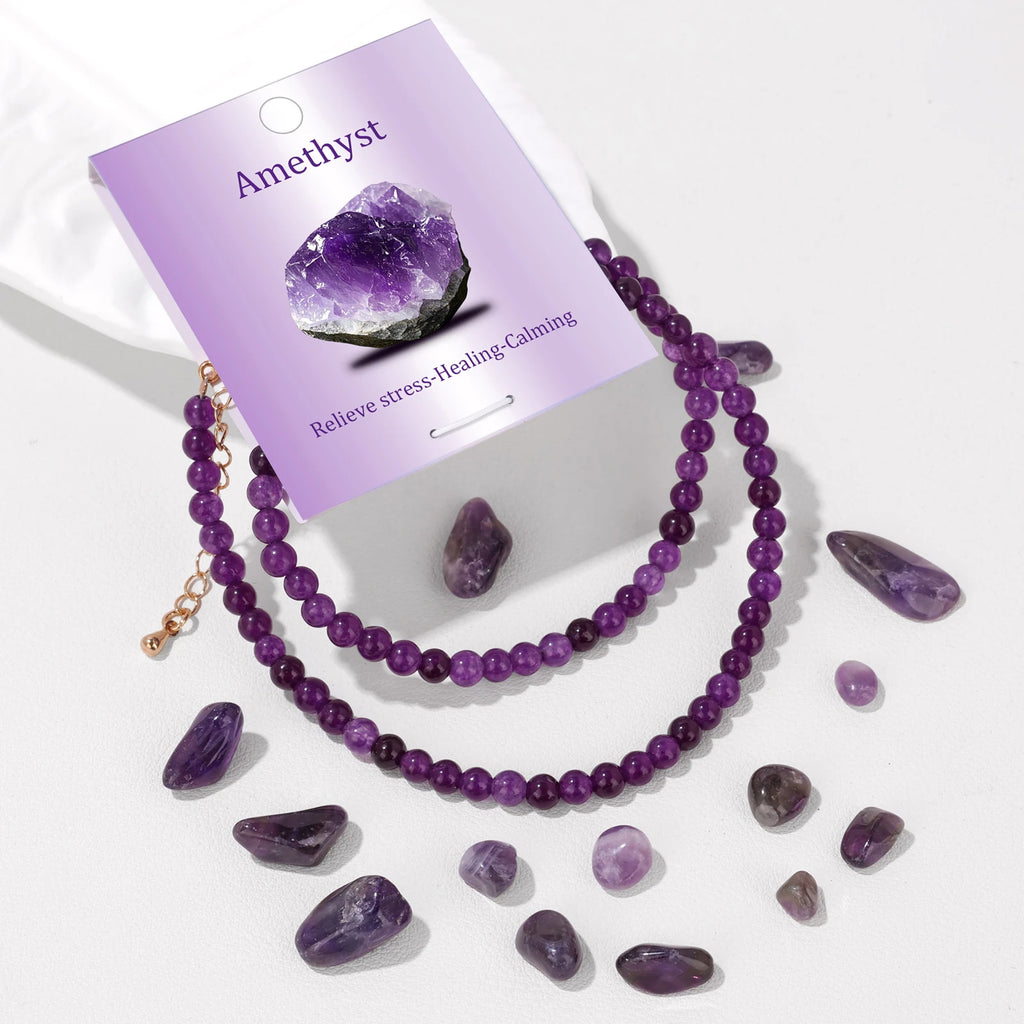 4mm Natural Amethysts Round Beads Necklace with Card for Women Female Healing Reiki Spiritual Energy Necklace Jewelry Gifts