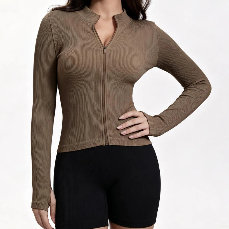 Women Ribbed Long Sleeve Zip Up Yoga Top High Elastic Workout Shirt Outdoor Running Gym Fitness Fashion Slim Sports Active Wear