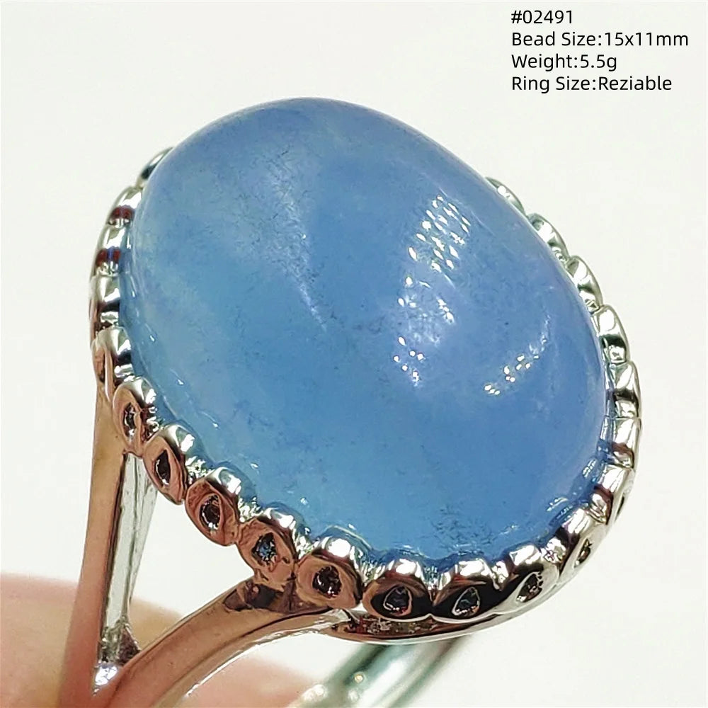 Natural Blue Aquamarine Beads Ring Adjustable Brazil Ring Oval 925 Sterling Silver Aquamarine Jewelry Women AAAAA