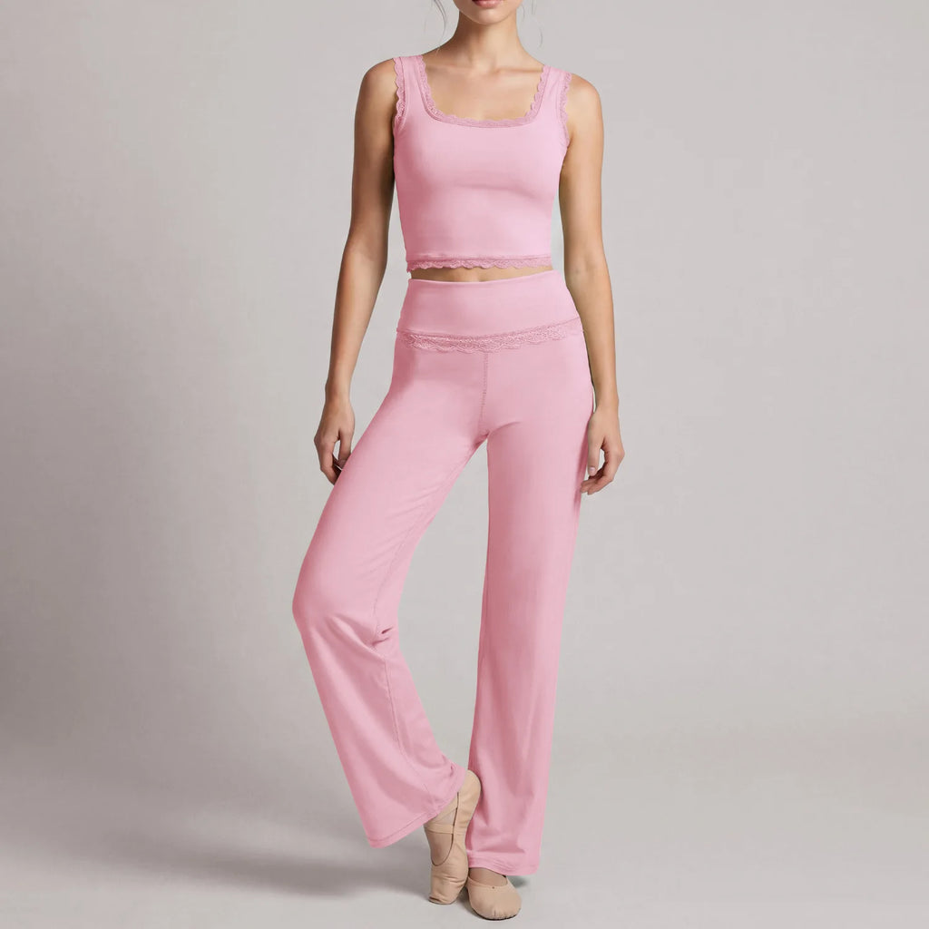 SVETLIN EU US Size High Quality Sports Yoga Wear Set Outfit Lace-Trim Sports Gym Wide-Leg Pants Two-Piece Set For Dance Training