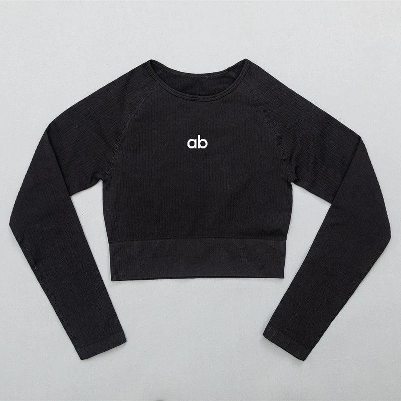 Women Ribbed Seamless Long Sleeve Crop Top Yoga Shirt Slim Fit Athletic T-Shirt Gym Fitness Running Workout Sportswear
