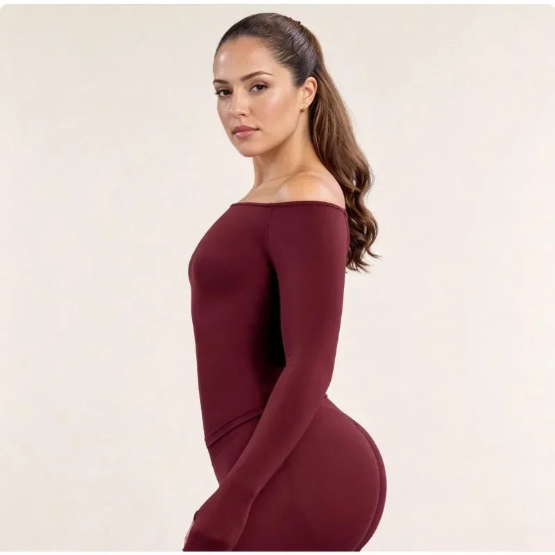 Womens Off Shoulder Long Sleeve Yoga Top Quick Dry Athletic Shirt Outdoor Casual Running Fitness Workout Long Sleeve Activewear