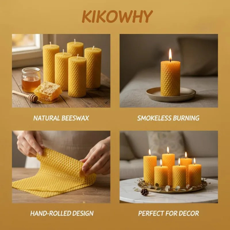 6pcsNatural Pure Beeswax Honeycomb Roll Pillar Candle - 10x3.5cm, Box Pack, Clean Burn, Home Decor & Wedding Gift Candle