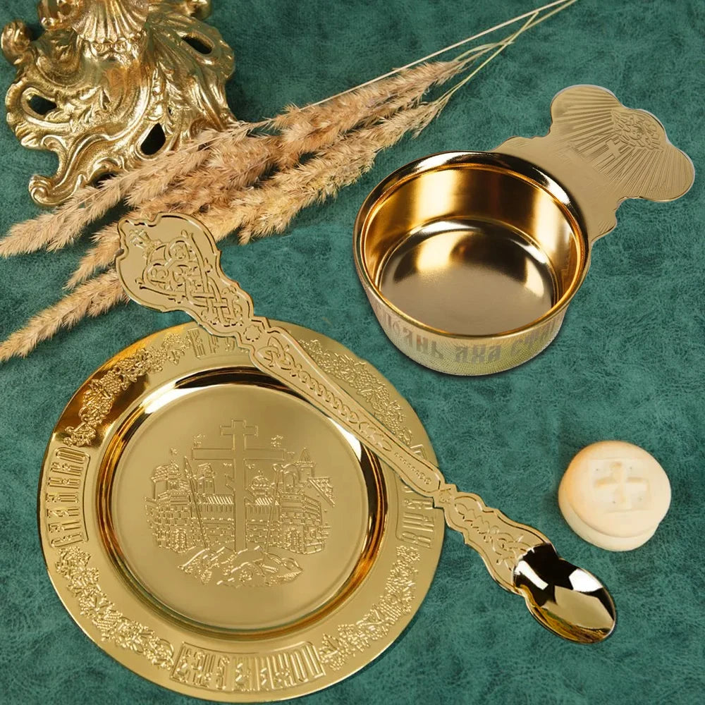 HTISOK Eastern Orthodox Church Baptismal Supplies Gold Plated Holy Grail Plate Spoon Religious Ritual Accessories Holy Water Set