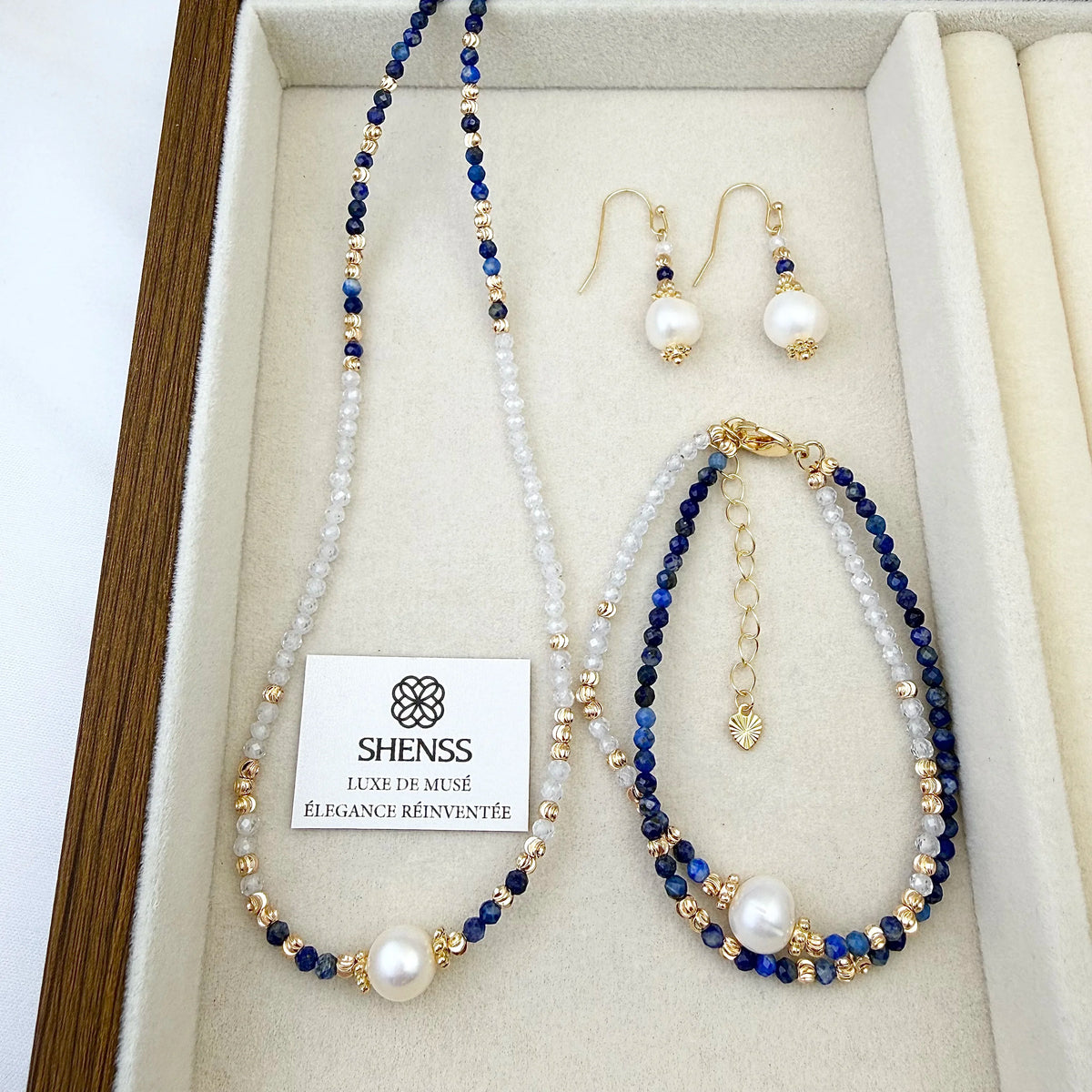 Lapis Lazuli & Zircon Pearl Jewelry Set Luxury Blue-White Contrast Necklace Bracelet Earrings Elegant Versatile Gift for Her