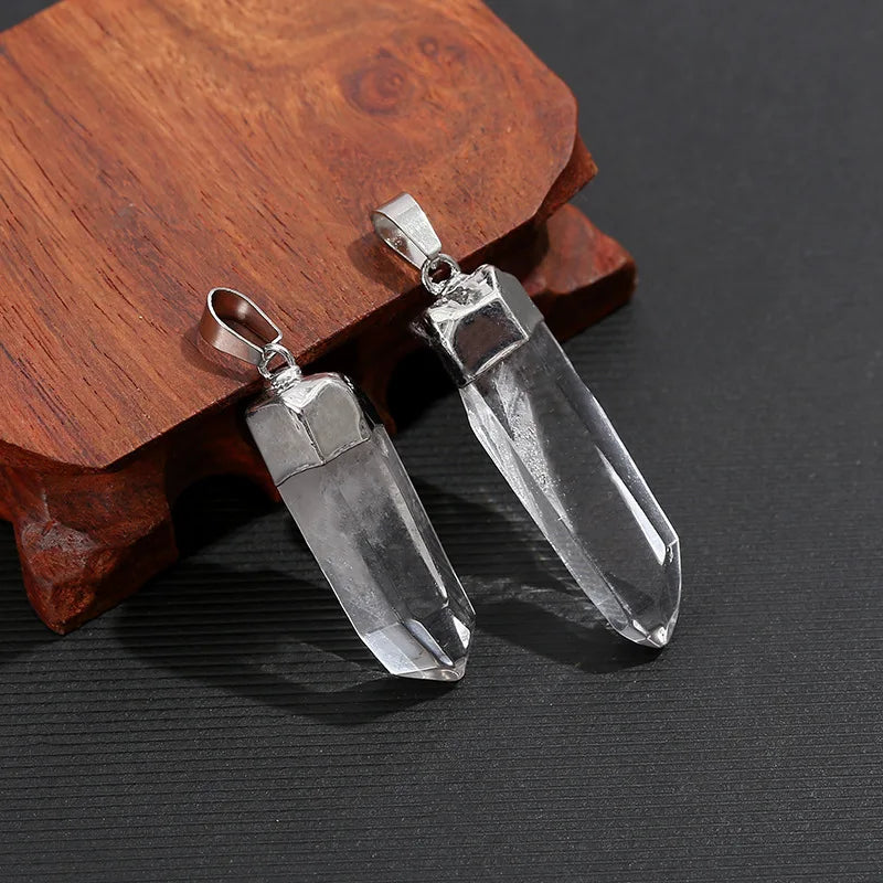 Natural Clear Quartz Crystal Pendant Electroplated Polished Raw Stone Energy Healing Point Charm for DIY Jewelry Making Necklace