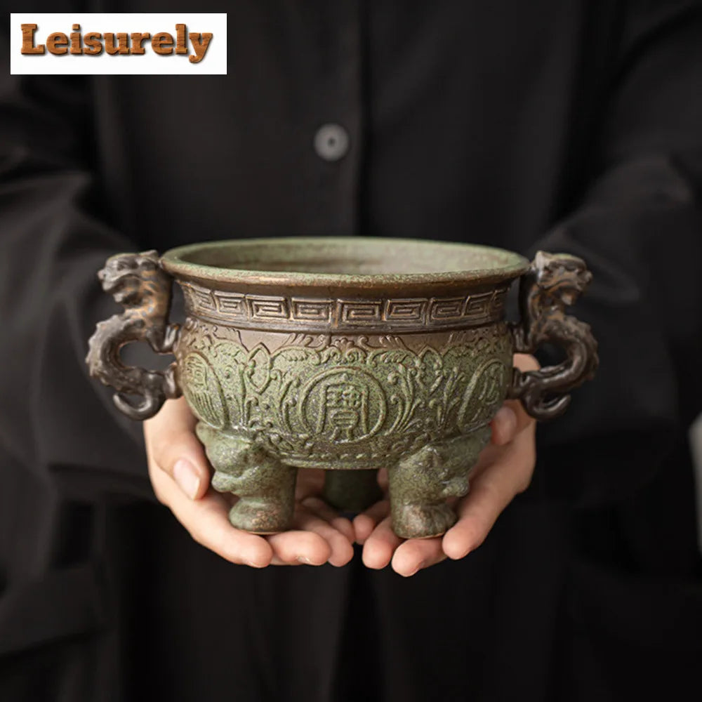 Antique Kiln Change Green Field Incense Stove Treasure Bowl Line Aromatherapy Furnace Consecrate Buddha Triangle Holder Ornament