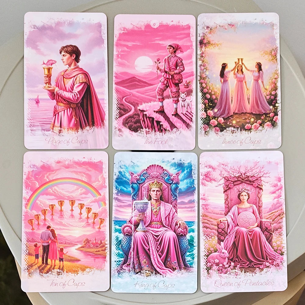 Pink Romantic Fantasy Tarot Deck in Tin Box, 78-Card Full Deck with Instruction Book, Spiritual Divination Oracle 11*6.2cm
