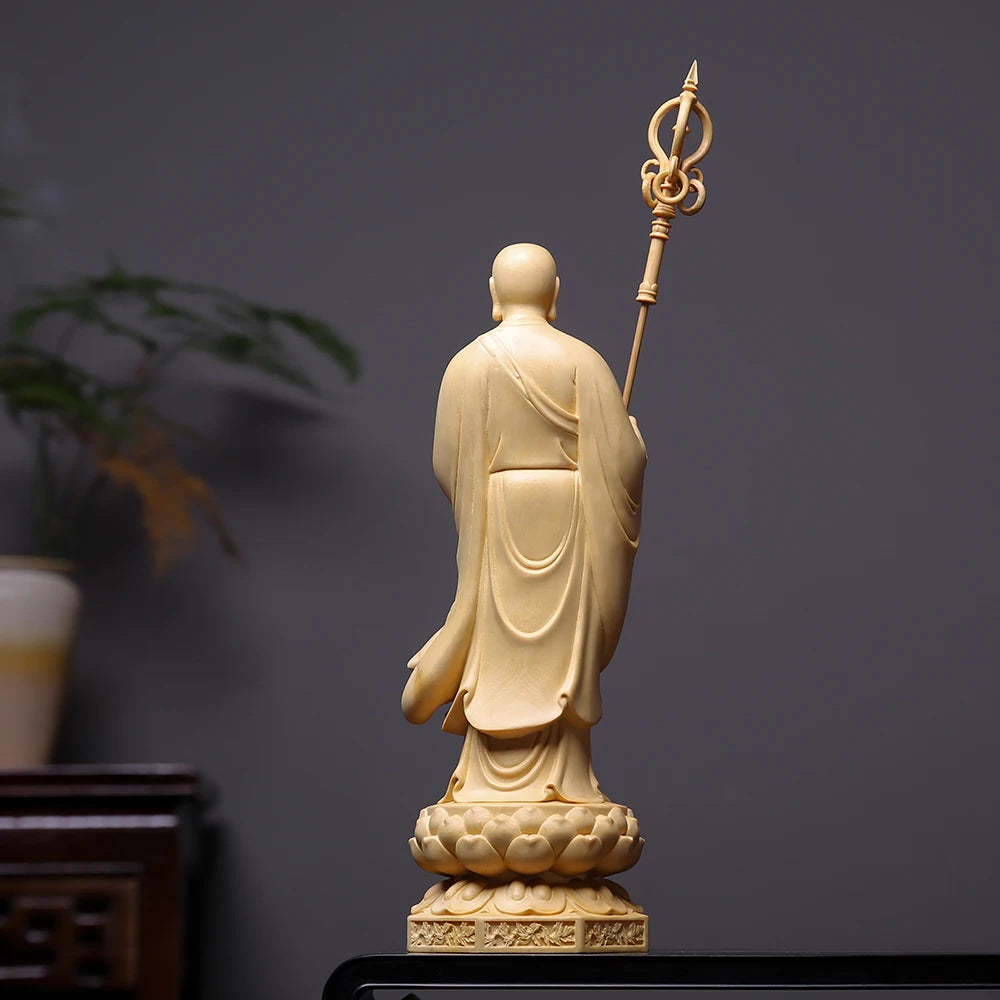 Finely Wooden Hand Carved Kṣitigarbha Dizang Bodhisattva Statue Figurine with Staff - Spiritual Protection Sacred Home Temple