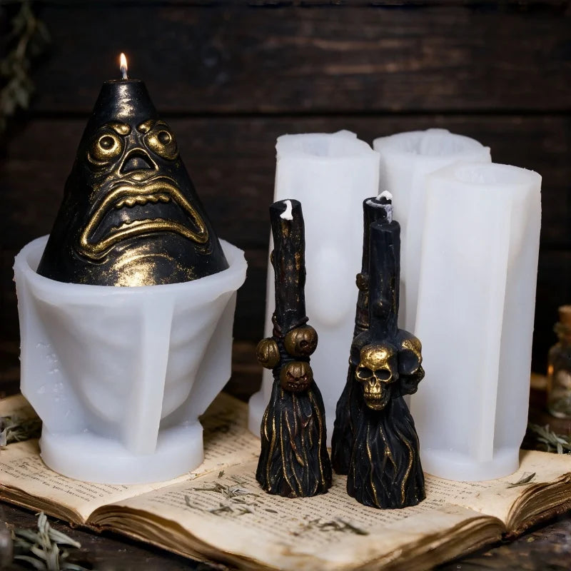 3D Witch Broom Candle Mold Handmade Pillar Mold Witchcraft Whisk Broom with Pumpkin Skull Face Magic Ritual Spiritual Candle Mld