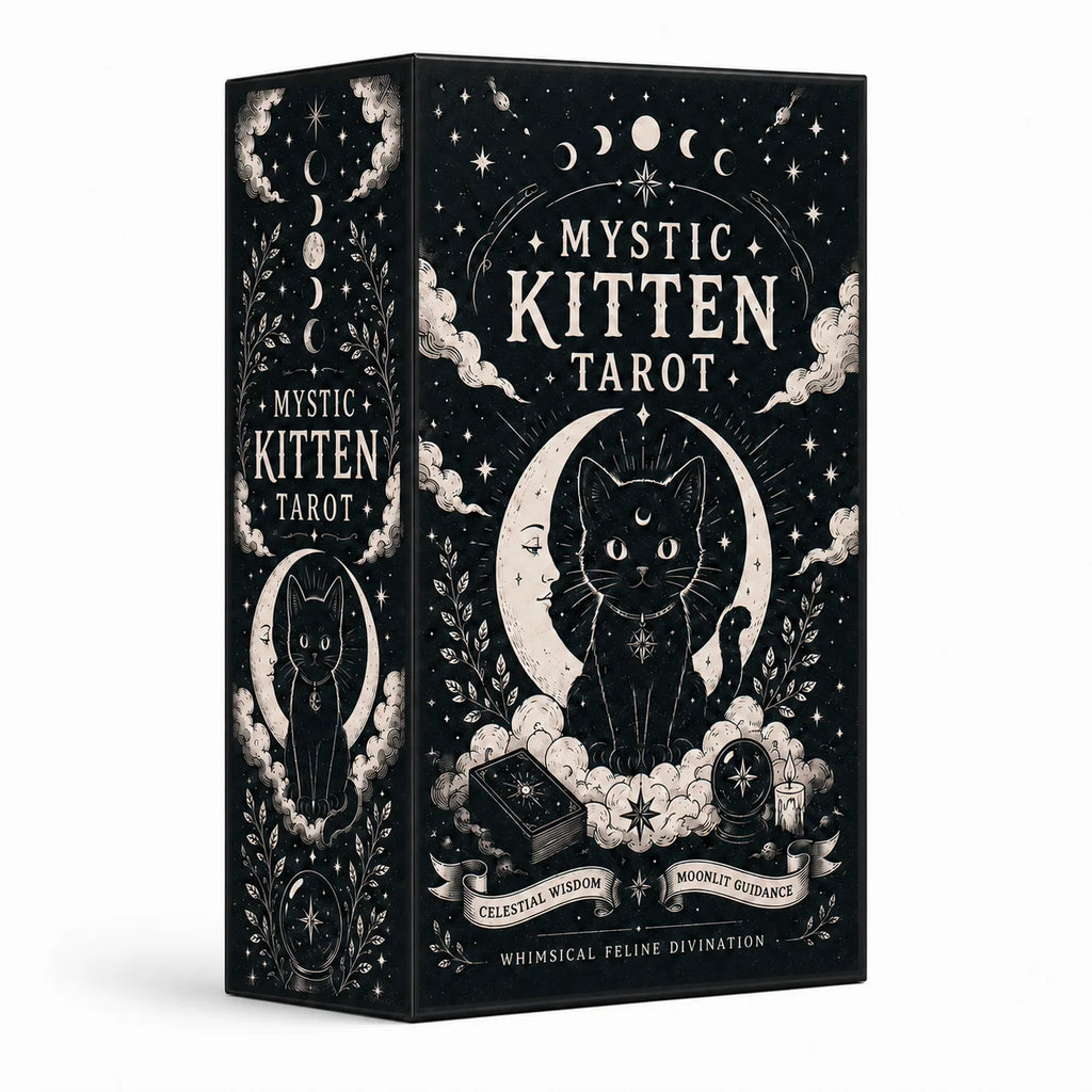 Mystic Kitten Tarot Deck 78 Cards Cat Themed Tarot Cards with Whimsical Feline Illustrations Celestial Moon and Star Design Divi