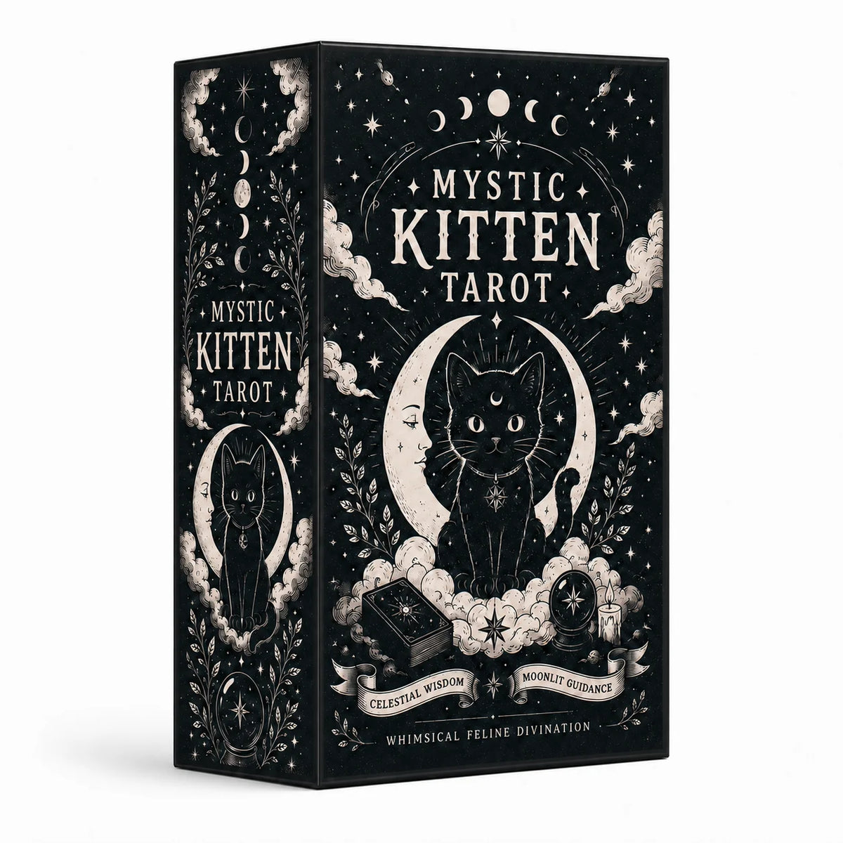 Mystic Kitten Tarot Deck 78 Cards Cat Themed Tarot Cards with Whimsical Feline Illustrations Celestial Moon and Star Design Divi