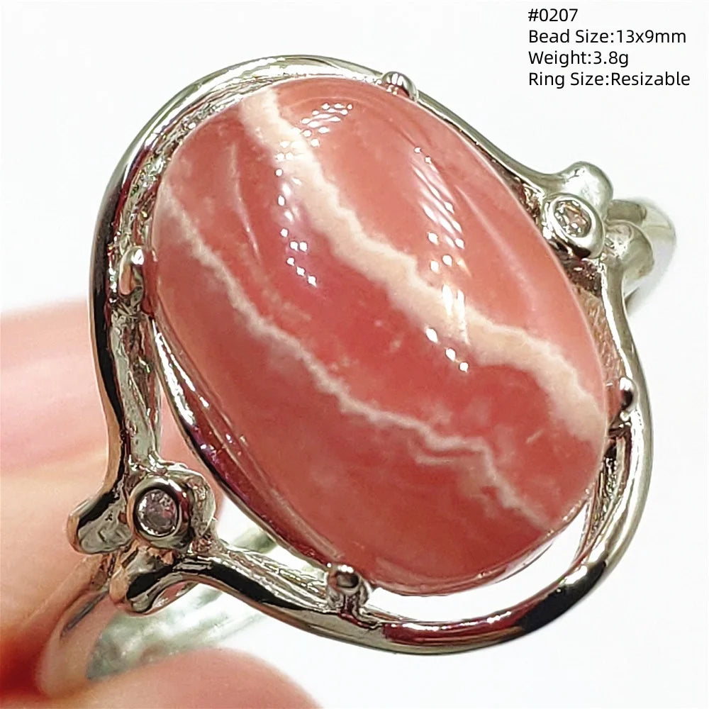 Natural Red Rhodochrosite Adjustable Ring Jewelry Rose Rhodochrosite 925 Sterling Silver Women Oval Bead AAAAA