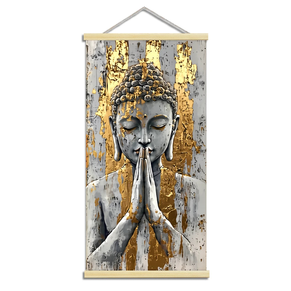 2D Flat 1pcs Canvas Scroll Poster Buddha Wall Art Buddha Face & Hands with Halo & Robe Glowing Lotus Design Religion Spiritual