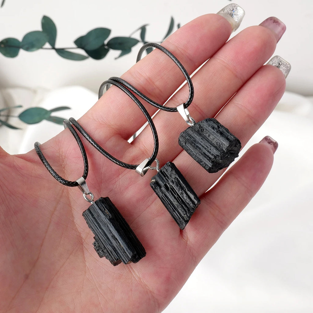 1PC Natural Crystal Black Tourmaline Raw Stone Unpolished Gem Pendant Necklace Quartz Jewelry For Man Gifts
