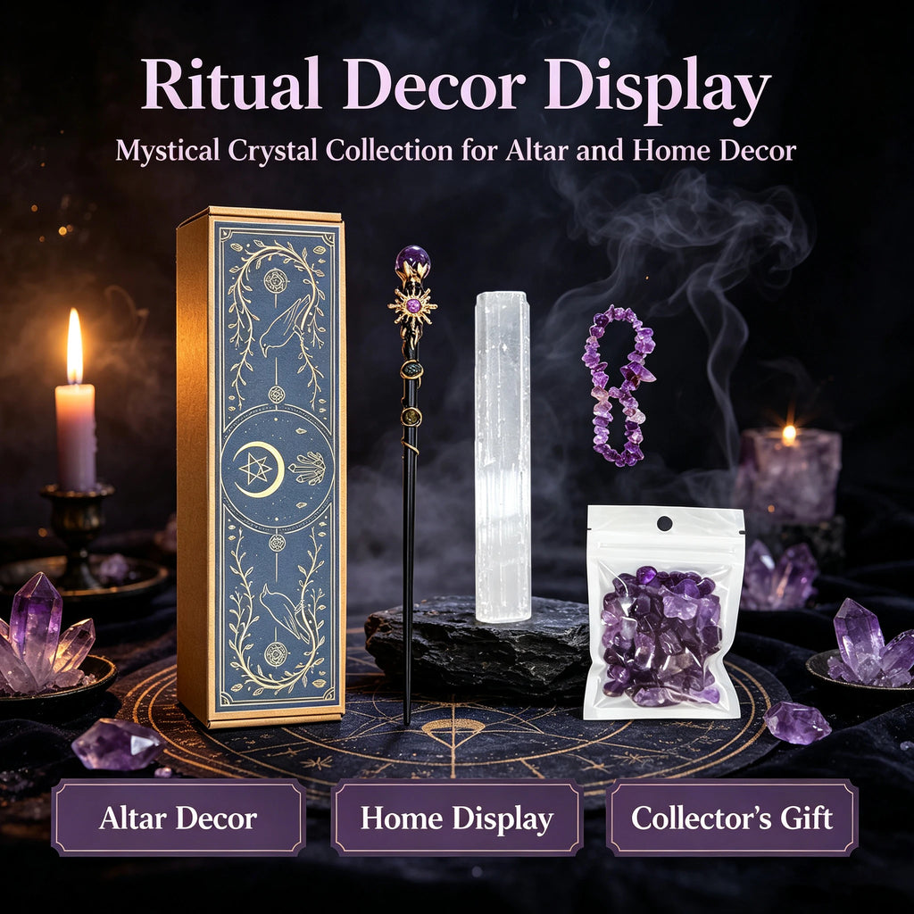 1box Amethyst Witch Crystal Wand Altar Kit, Natural Crystal Stones Selenite Wand Bracelet Wicca Ritual‑Supplies, Spiritual Decor