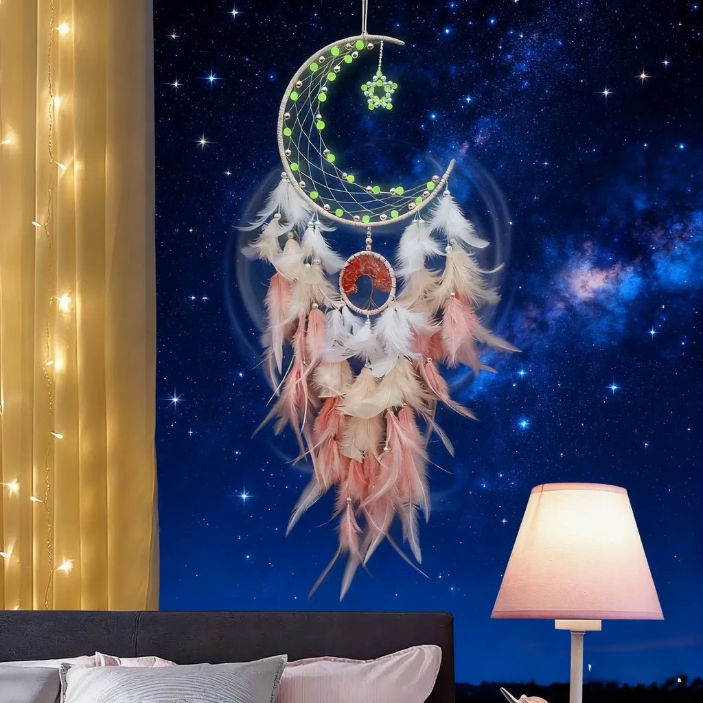 Boho Moon Dreamcatcher Feather Wall Hanging Crescent Moon Decor Handmade Dream Catcher Bedroom Decor Gift